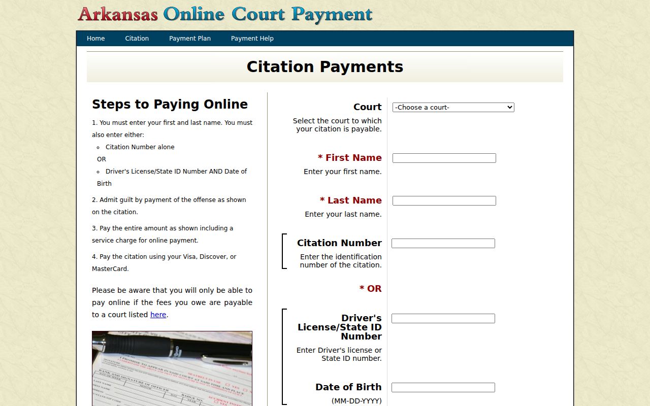 Chicot County traffic warrant citation payment interface